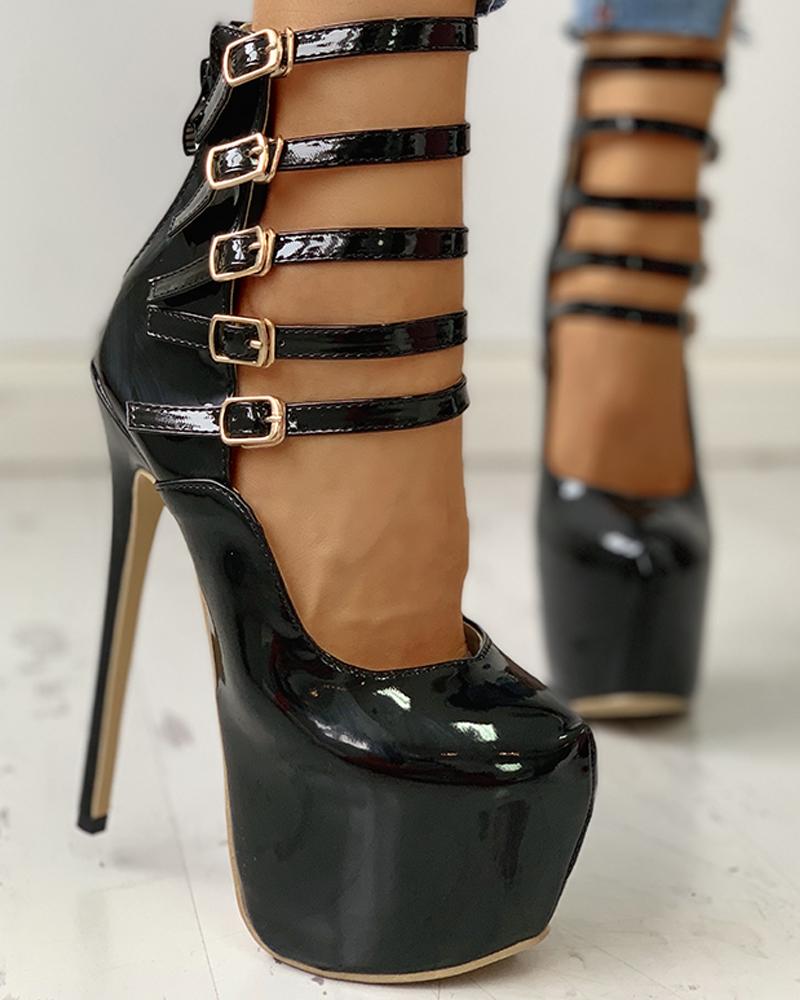 

Multi-Strap Buckled Platform Pumps, Black