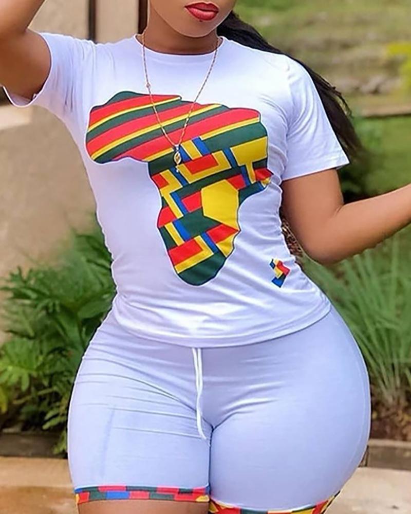 

Graphic Print Colorblock T-shirt & Shorts Set, White