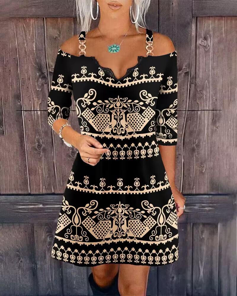 

Tribal Print Cold Shoulder Casual Dress, Black