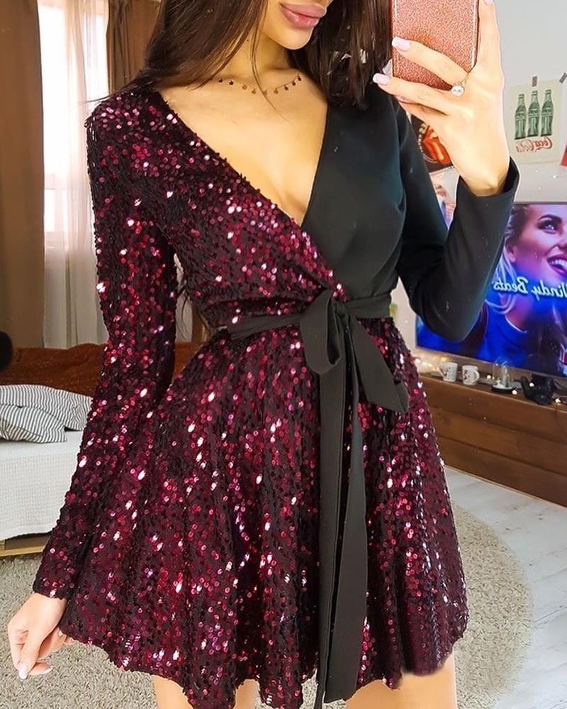 

V-Neck Sequins Ruched Mini Dress, Dark red