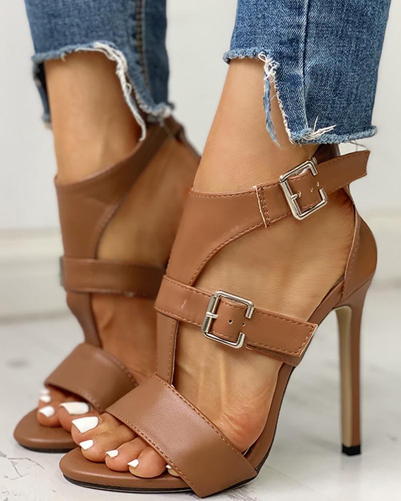 

Solid Open Toe Ankle Strap Thin Heeled Sandals, Brown