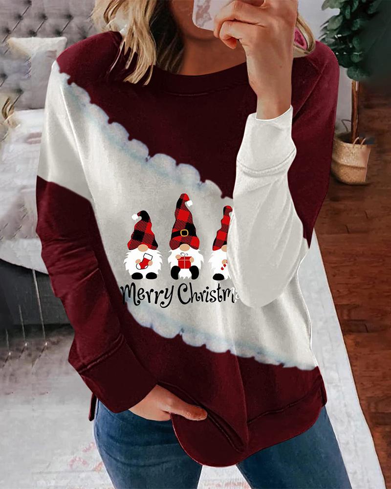 

Christmas Gnomes Letter Print Colorblock Sweatshirt, Red