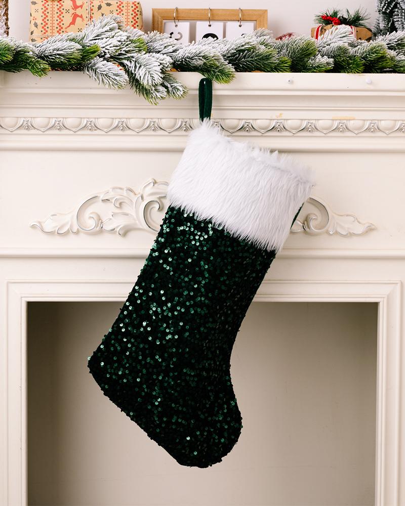 

1pc Christmas Stocking Allover Sequin Hanging Stocking Christmas Tree Ornament Spoon Fork Bag Kids Gift Decoration Party Supplies, Green
