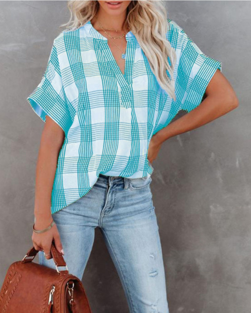 

Plaid Print V-Cut Short Sleeve Chiffon Top, Blue