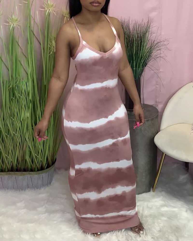 

Tie Dye Print V-Neck Thin Strap Maxi Dress, Pink