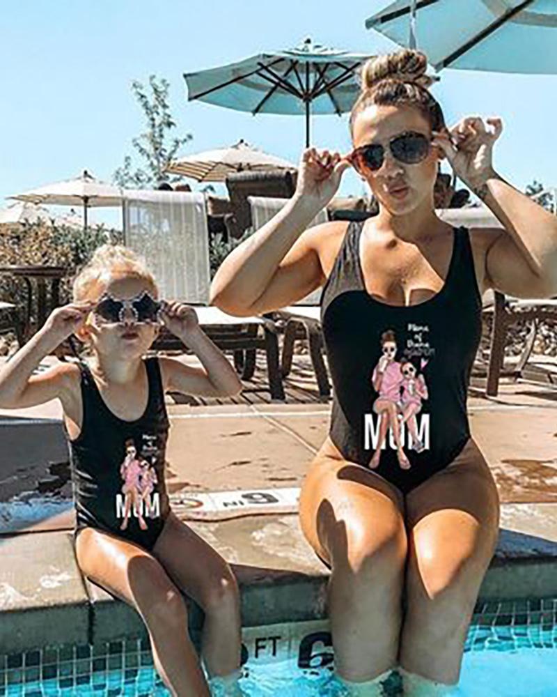 

Mommy & Me Graphic Letter Print One Piece Swimsuit For Kids, Black