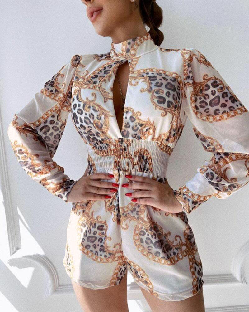 Chain Leopard Print Backless Shirred Waist Romper