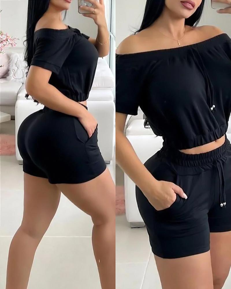 

Off Shoulder Top & Drawstring Shorts Set, Black