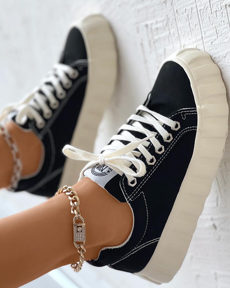 

Eyelet Lace-up Casual Canvas Sneakers, Black