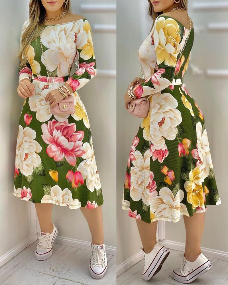 

Round Neck Long Sleeve Blooming Floral Print Dress, Green