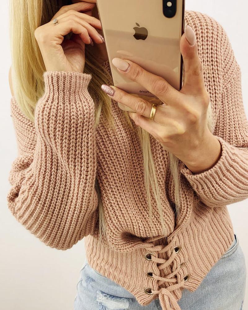 

Eyelet Lace-up Knit Drop Shoulder Long Sleeve Sweater, Khaki