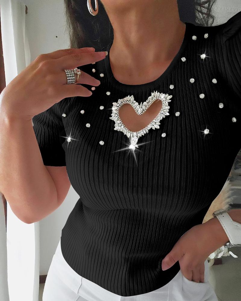 

Hollow Heart Studded Rhinestone Beaded Knit Sweater, Black