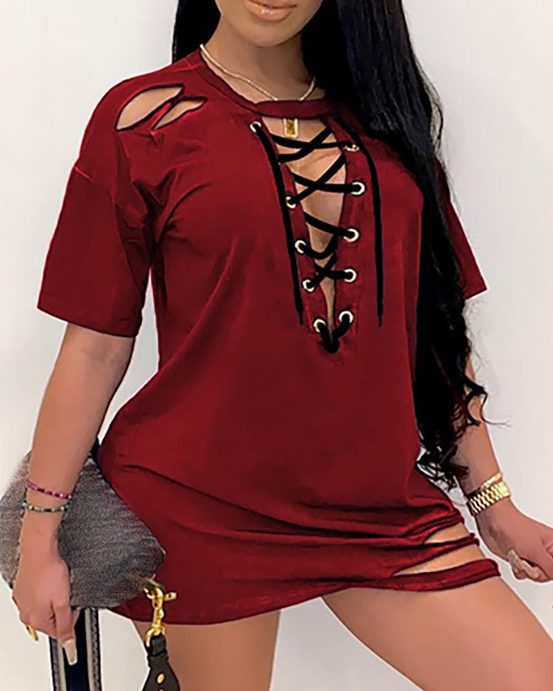 

Lovely Sexy Bandage Design Hollow-out Black Dress, Wine red