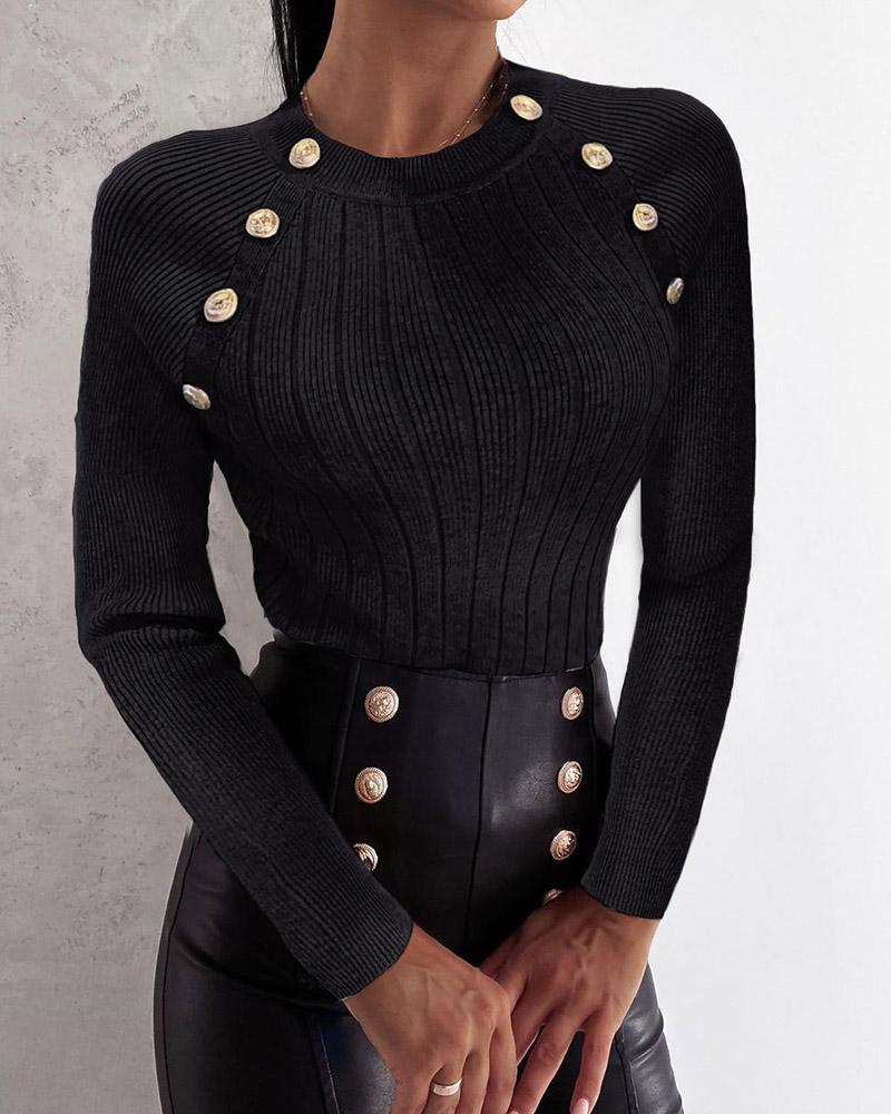 

Button Design Long Sleeve Casual Sweater, Black
