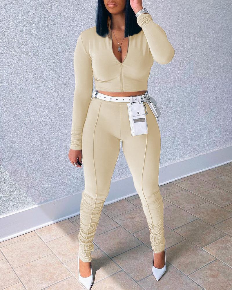 

Zipper Design Top & Ruched Skinny Pants Set, Khaki