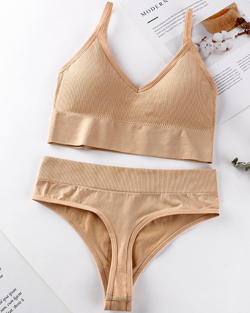 

V-Neck Sleeveless Seamless Bra Set, Nude