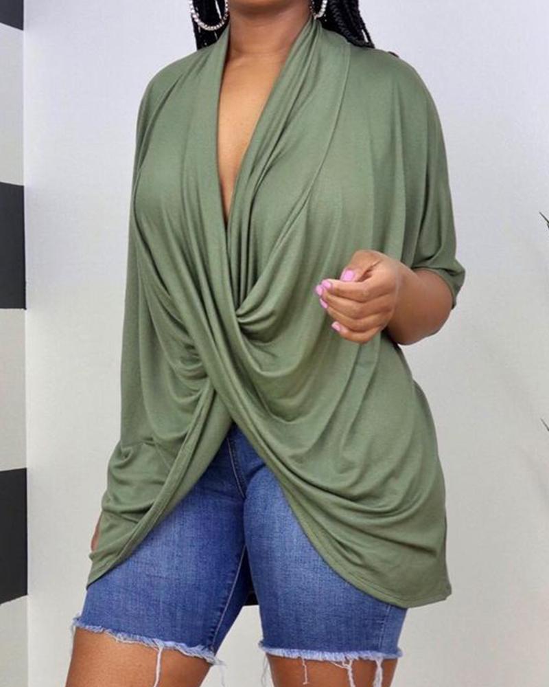 

Half Sleeve Draped Twist Casual Top, Green