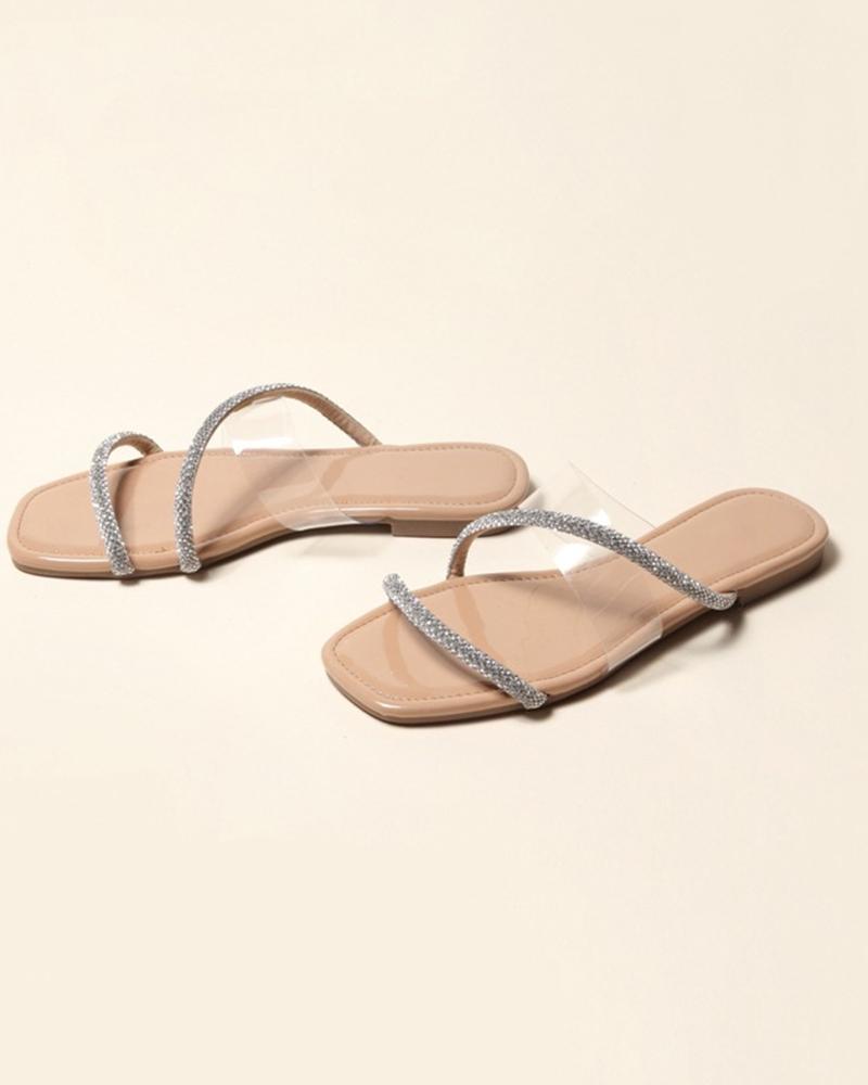 

Crystal Strap Open-toe Flat Sandals, Apricot