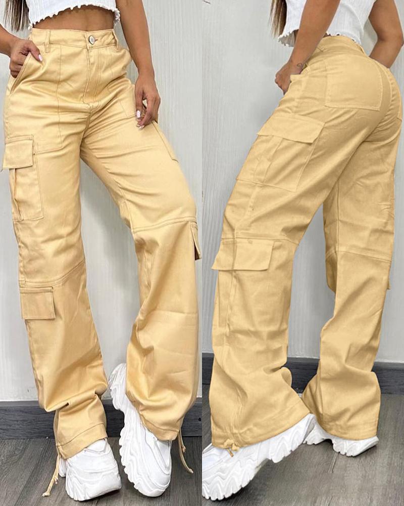 

Pocket Design Button Front Cargo Pants Casual High Waisted Cuffed Pants, Yellow