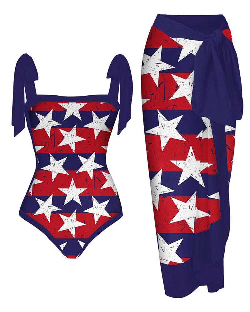 

Star Print One Piece Swimsuit With Cover Up, Blue