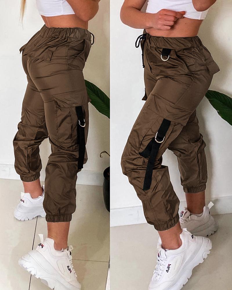 

Tape Patch Pocket Design Cuffed Pants, Dark brown