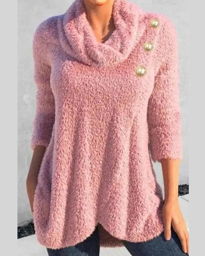 

Fuzzy Turtleneck Three Quarters Buttoned Sweatshirt, Pink