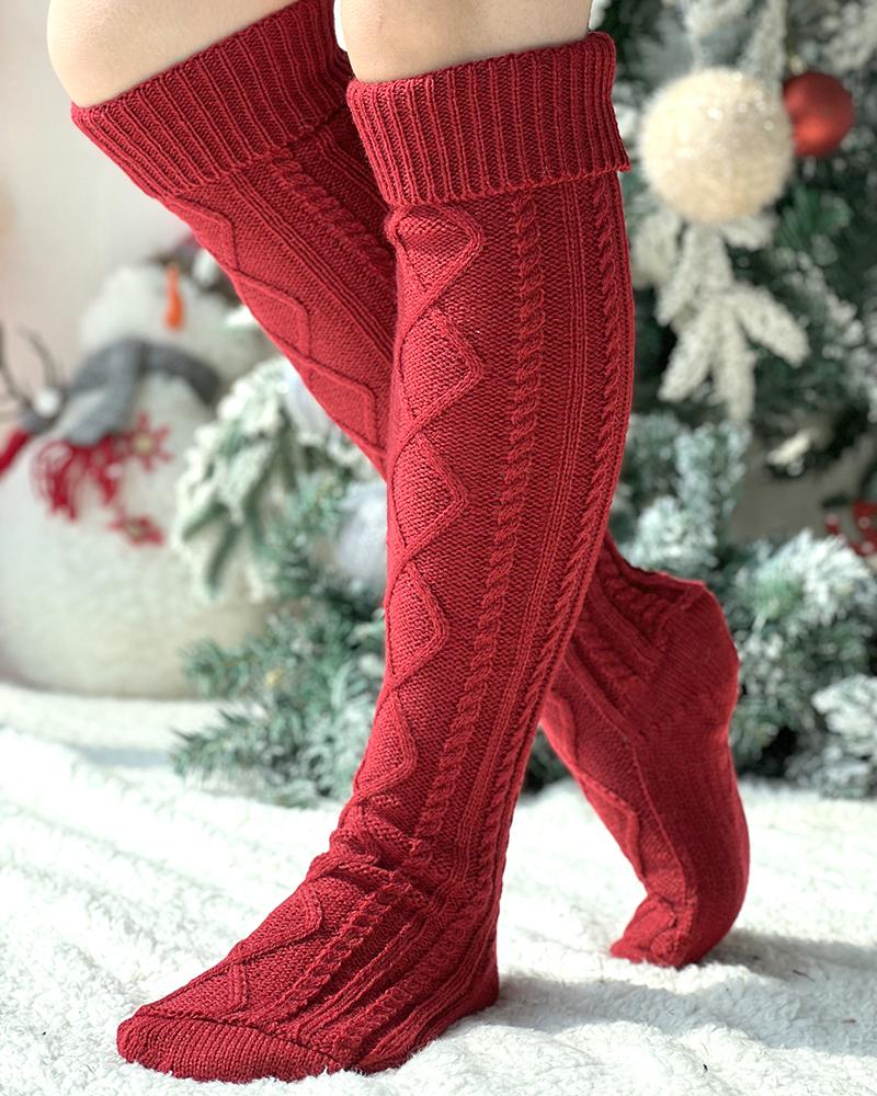 

1Pair Braided Knit Over The Knee Socks, Wine red