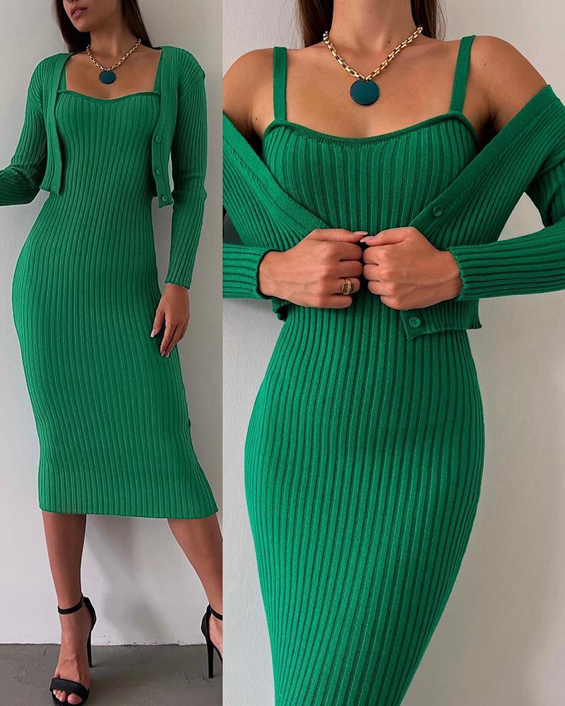 

Sleeveless Knit Bodycon Dress With Cardigan, Green