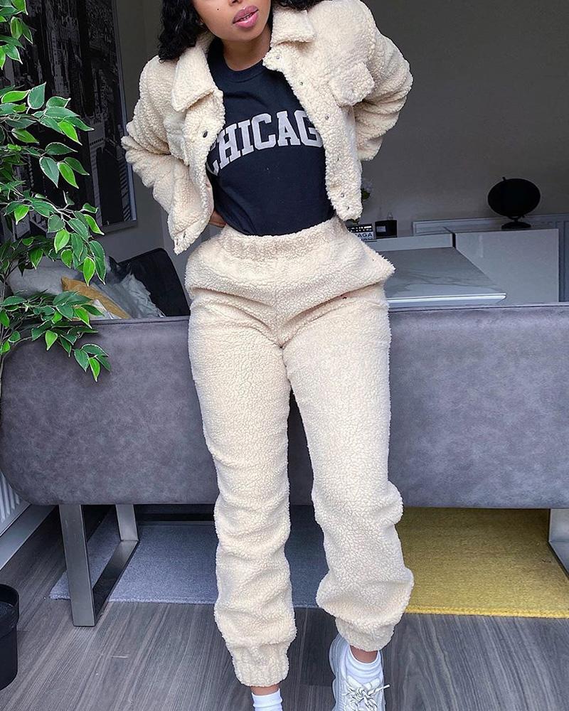 

Plain Button Design Long Sleeve Coat & Pocket Design Pants Set, Apricot