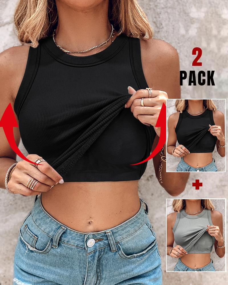 

ChicMe Built-in Bra 2 peças Crewneck Tank Top Terry Toweling Forrado Sem mangas Slim Fit Layering Shirt Tops, Style4