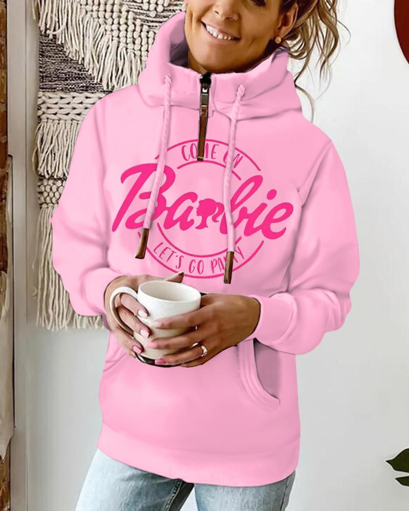 Sudadera con capucha y diseño de bolsillo con estampado de letras de Barbie