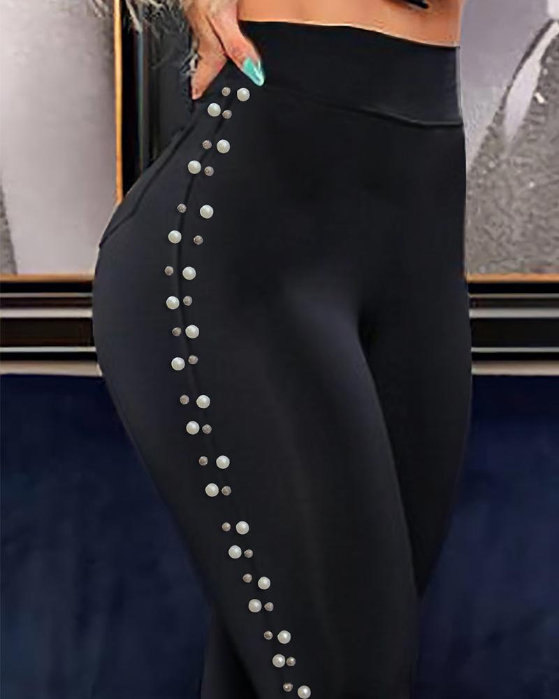 

Beaded High Waist Skinny Pants, Black