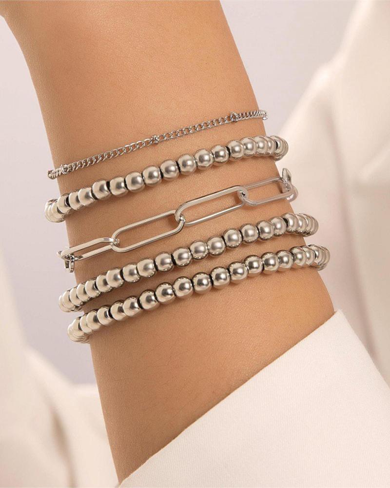 

5pcs Beaded Stackable Chain Bracelets Set, Silver