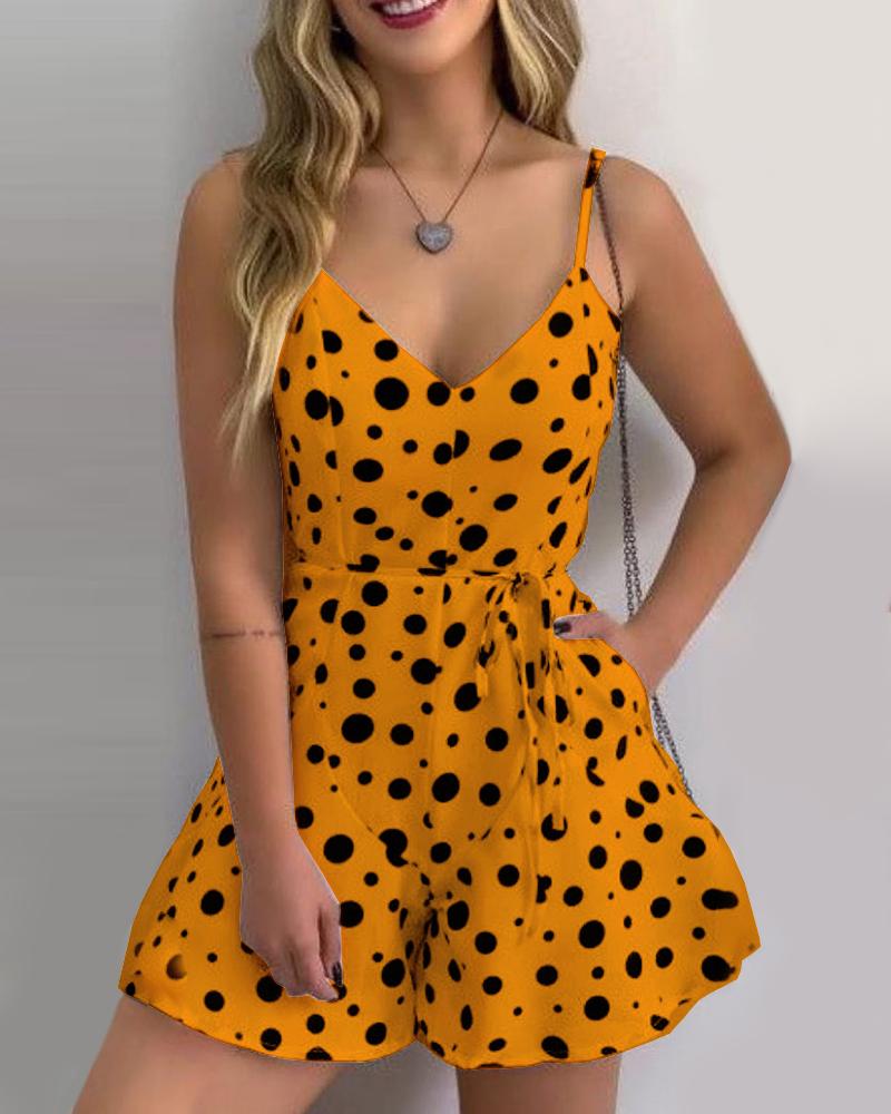

Polkadot Print Pocket Design Casual Romper, Yellow