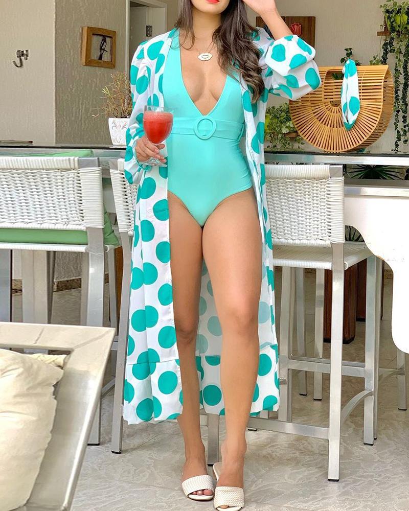 

Plain One Piece Swimsuit & Polkadot Print Cover Up Set, Blue