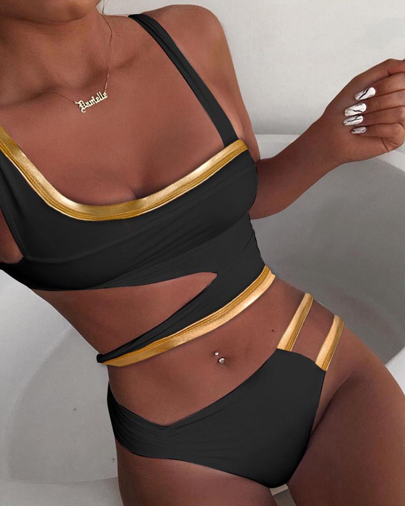 

Cutout Waist Colorblock Bikini Set, Black