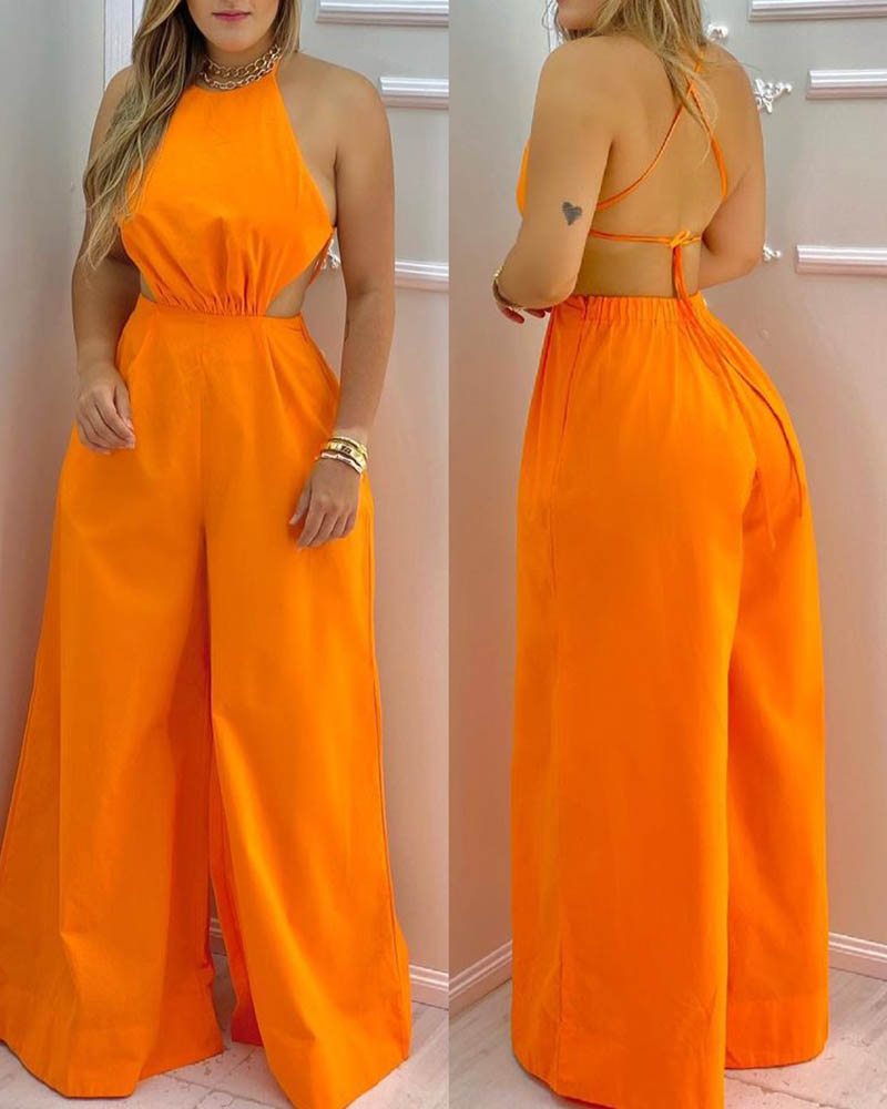 

Crisscross Backless Wide Leg Plain Jumpsuit, Orange