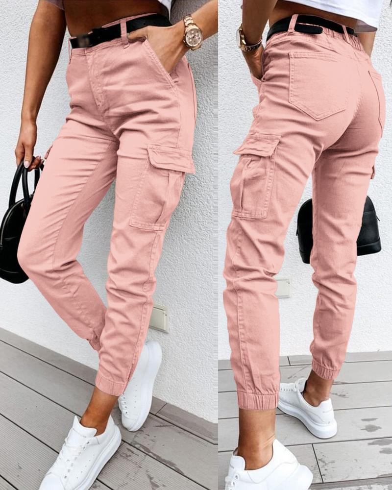 

Pocket Design High Waist Cargo Pants, Pink