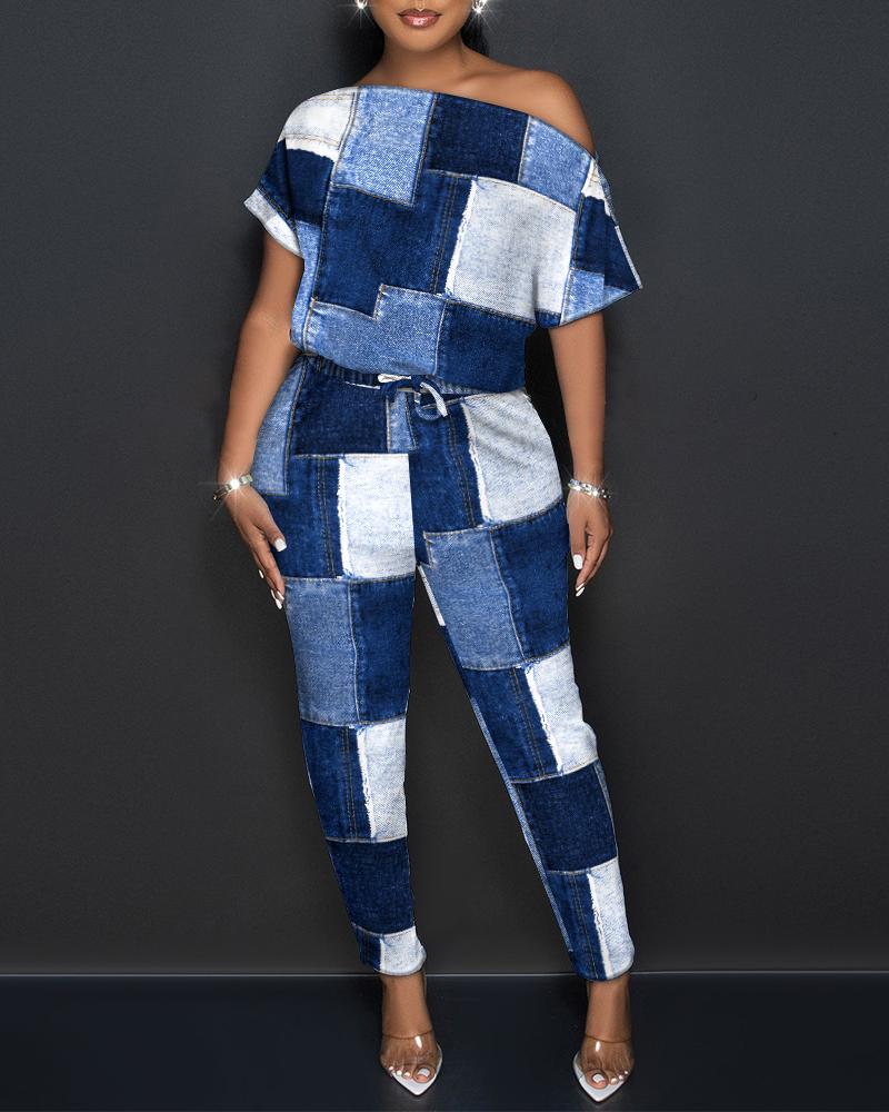 

Denim Look Print Skew Neck Jumpsuit, Blue