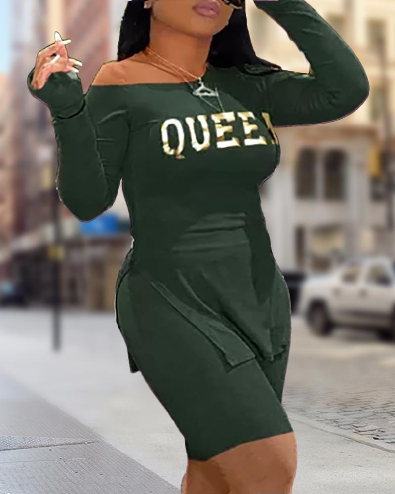 

Plus Size Queen Letter Print Skew Neck Slit Top & Shorts Set, Green