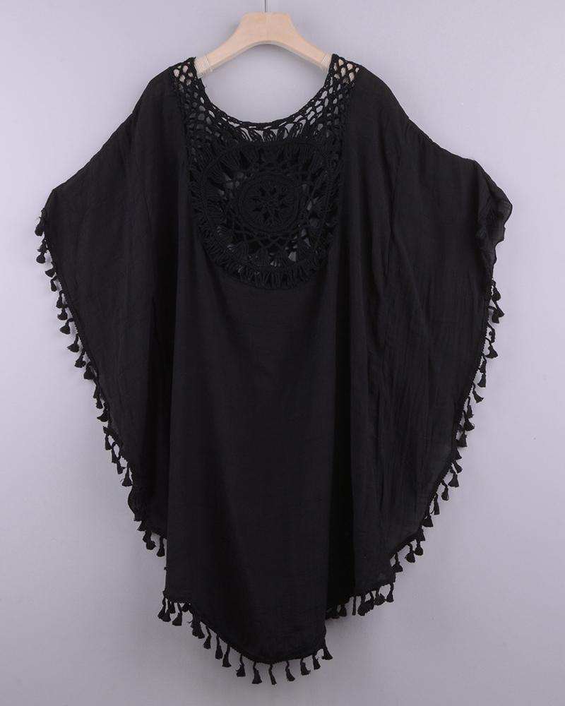 

Cutout Tassel Design Batwing Sleeve Cover Up Dress, Black