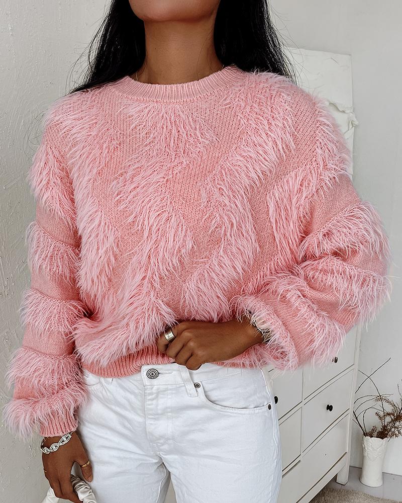 

Fluffy Tassel Design Long Sleeve Sweater, Pink