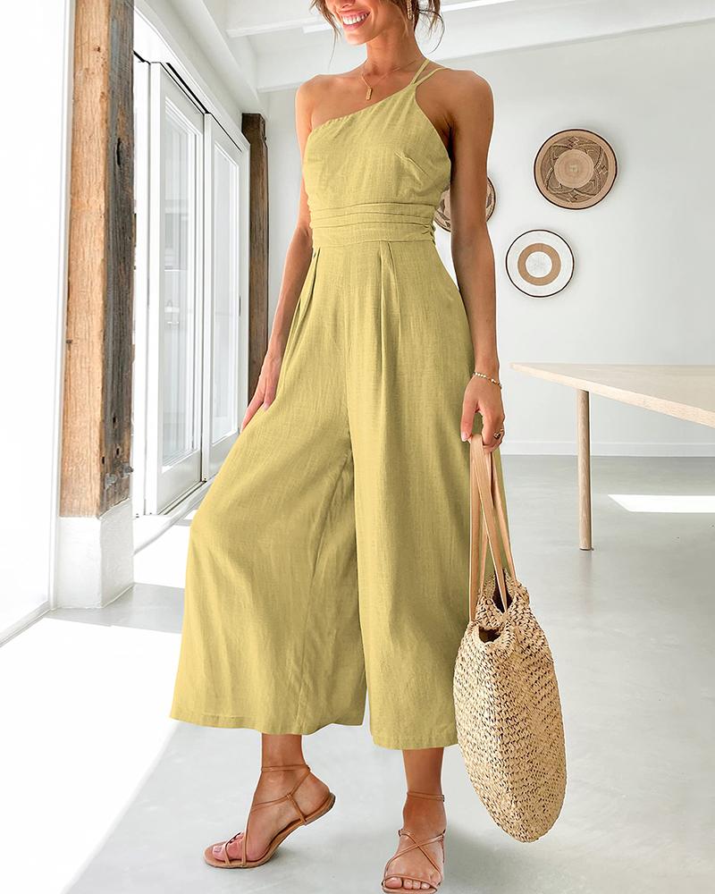 

One Shoulder Wide Leg Jumpsuit, Light yellow