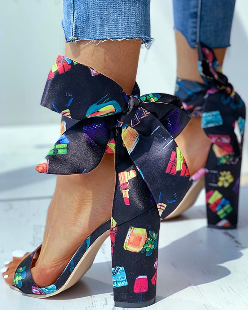 

Open Toe Print Bowknot Block Heels, Black
