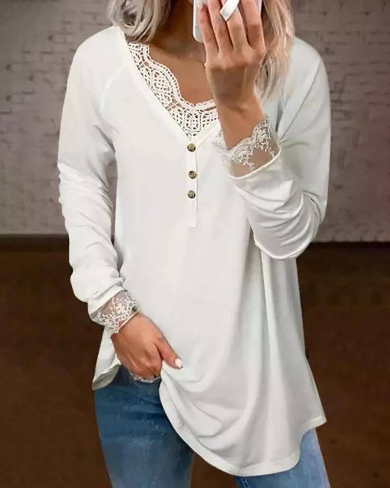 

Lace Trim Button Front V Neck Long Sleeve Top, White