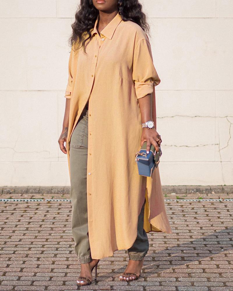 

Long Sleeve Button Down Shirt Dress, Khaki