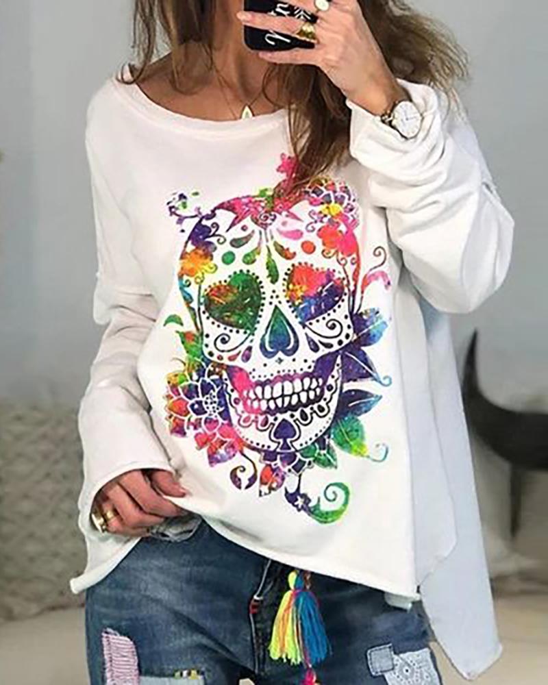 

Skull Floral Print Long Sleeve Casual Sweatshirt, White