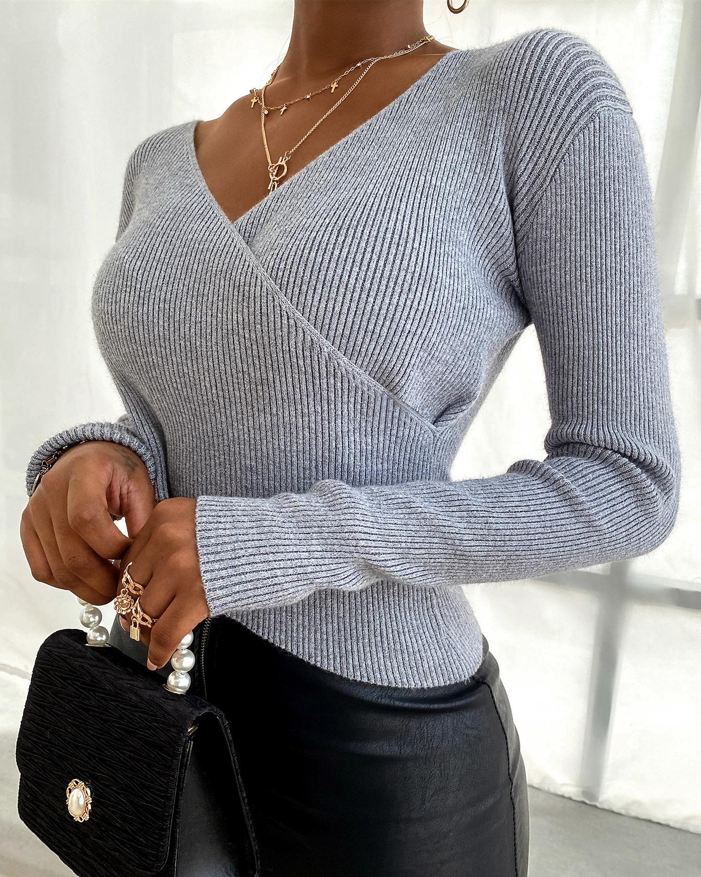 

Solid Wrap Long Sleeve Knit Sweater, Dark grey