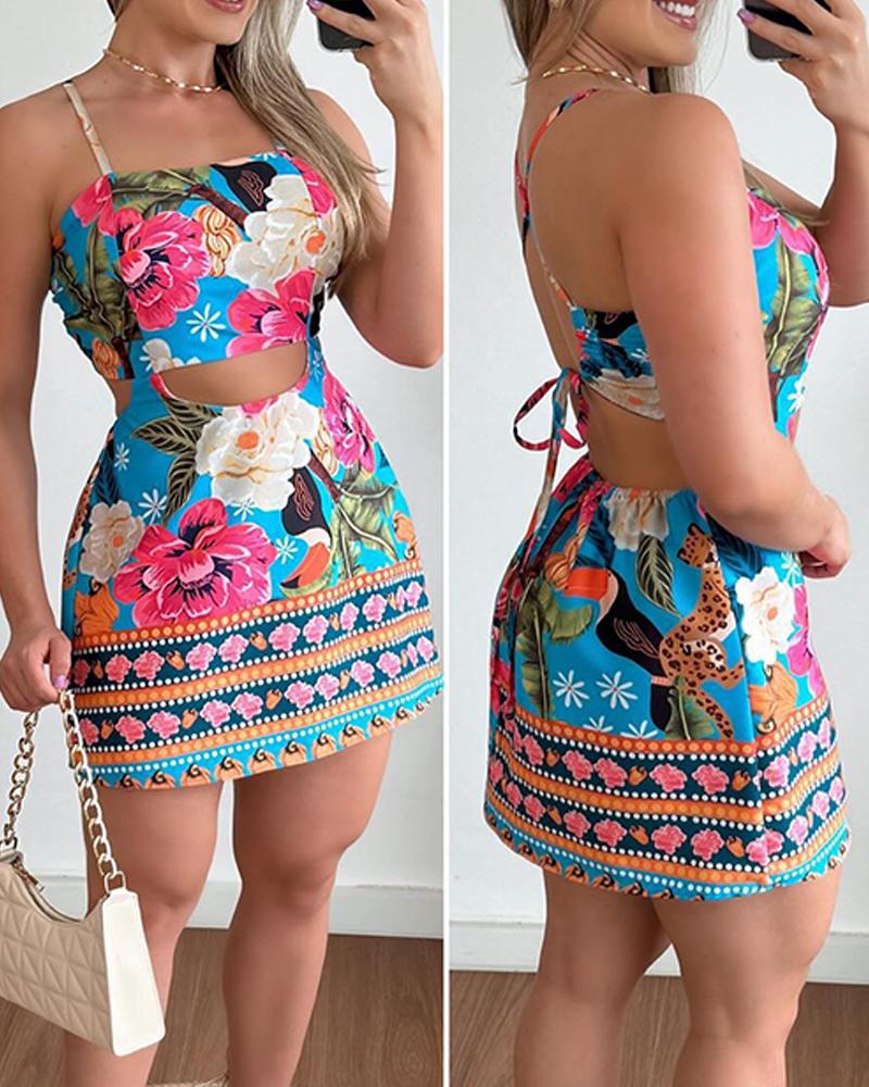 

Tropical Floral Print Cutout Backless Dress, Multicolor