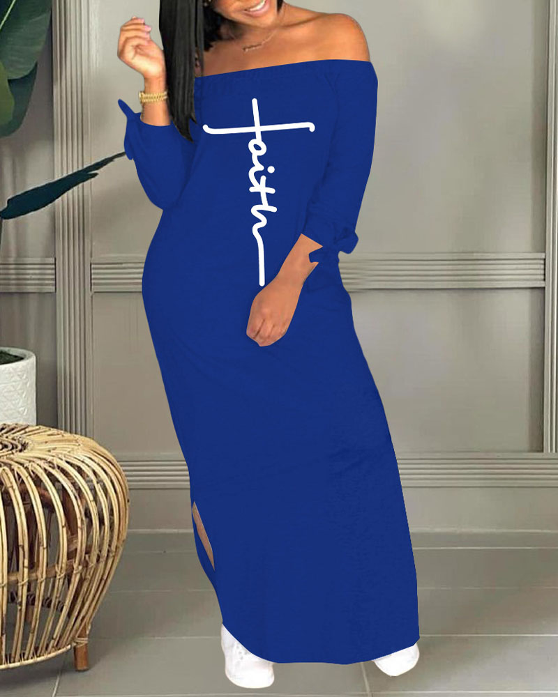 

Letter Print Off Shoulder Split Hem Casual Dress, Blue